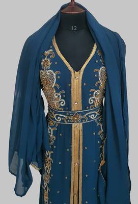 cobalt blue Goldan stone and  Beads  Moroccan Kaftan With hijab  5