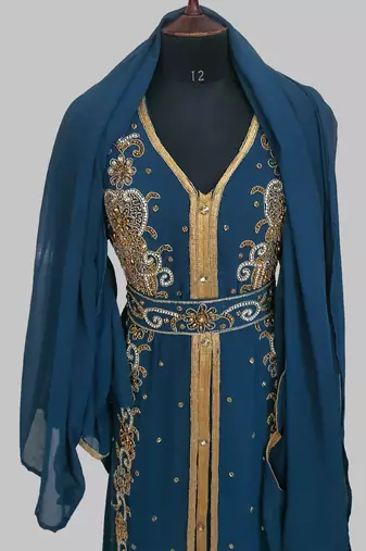 cobalt blue Goldan stone and  Beads  Moroccan Kaftan With hijab 