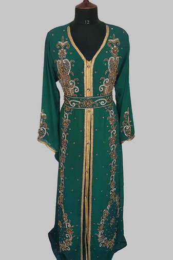 Dark Green Goldan stone and  Beads  Moroccan Kaftan With hijab 
