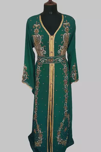 Dark Green Goldan stone and  Beads  Moroccan Kaftan With hijab 