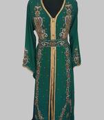 Dark Green Goldan stone and  Beads  Moroccan Kaftan With hijab 