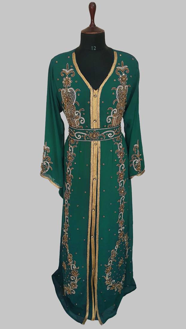 Dark Green Goldan stone and  Beads  Moroccan Kaftan With hijab 