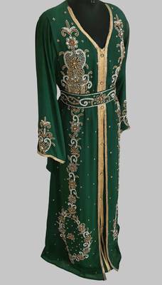 Dark Green Goldan stone and  Beads  Moroccan Kaftan With hijab  2