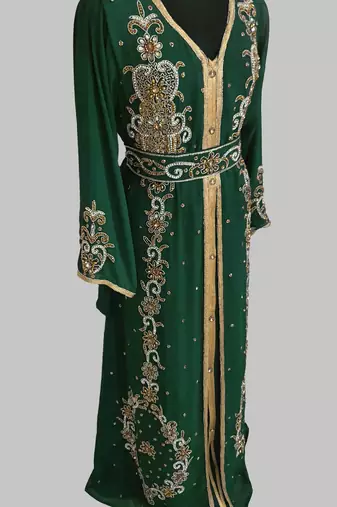 Dark Green Goldan stone and  Beads  Moroccan Kaftan With hijab 
