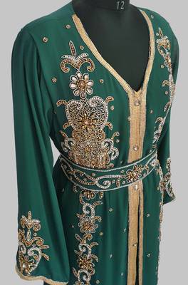 Dark Green Goldan stone and  Beads  Moroccan Kaftan With hijab  3