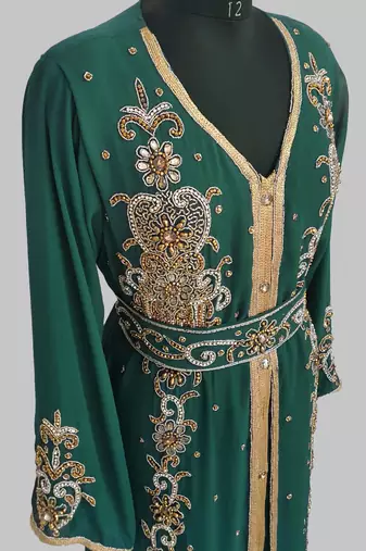 Dark Green Goldan stone and  Beads  Moroccan Kaftan With hijab 