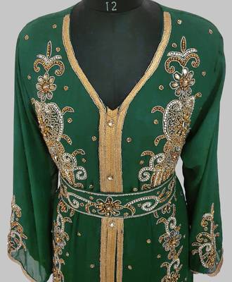 Dark Green Goldan stone and  Beads  Moroccan Kaftan With hijab  4