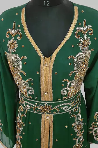 Dark Green Goldan stone and  Beads  Moroccan Kaftan With hijab 