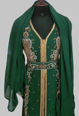 Dark Green Goldan stone and  Beads  Moroccan Kaftan With hijab  5