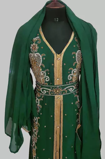 Dark Green Goldan stone and  Beads  Moroccan Kaftan With hijab 