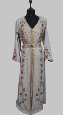Grey Goldan stone and  Beads  Moroccan Kaftan With hijab  1