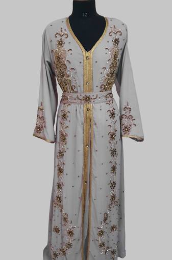 Grey Goldan stone and  Beads  Moroccan Kaftan With hijab 