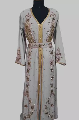 Grey Goldan stone and  Beads  Moroccan Kaftan With hijab 