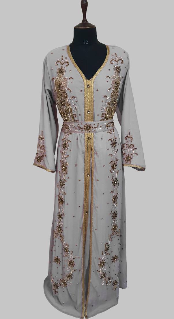 Grey Goldan stone and  Beads  Moroccan Kaftan With hijab 