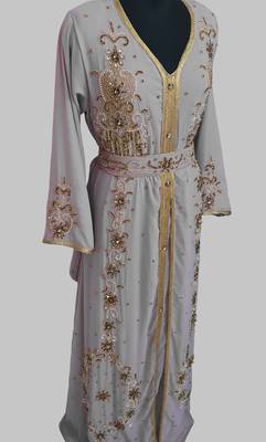 Grey Goldan stone and  Beads  Moroccan Kaftan With hijab  2