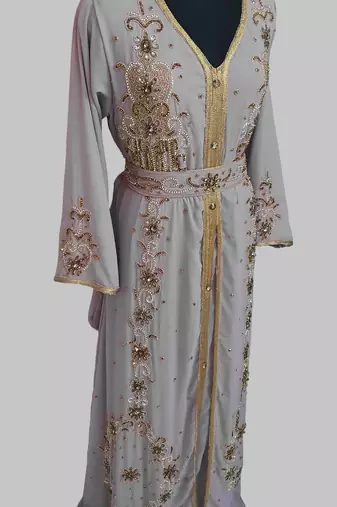 Grey Goldan stone and  Beads  Moroccan Kaftan With hijab 