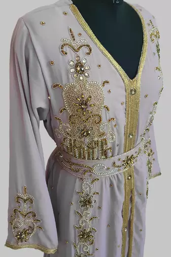 Grey Goldan stone and  Beads  Moroccan Kaftan With hijab 