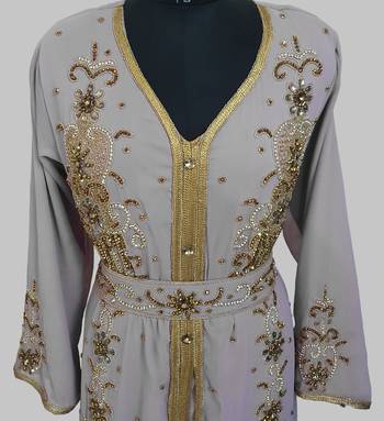 Grey Goldan stone and  Beads  Moroccan Kaftan With hijab  4
