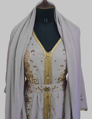 Grey Goldan stone and  Beads  Moroccan Kaftan With hijab  5