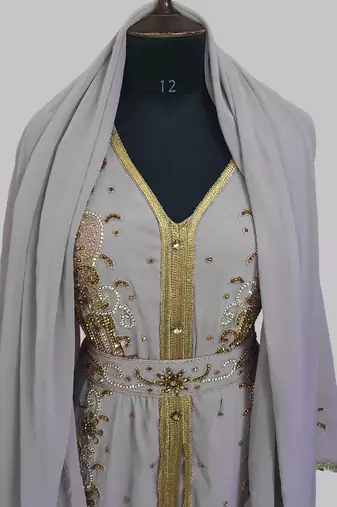 Grey Goldan stone and  Beads  Moroccan Kaftan With hijab 