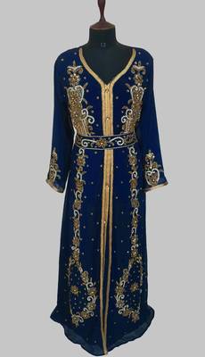 Navy Blue Goldan stone and  Beads  Moroccan Kaftan With hijab  1
