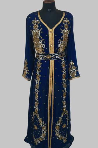 Navy Blue Goldan stone and  Beads  Moroccan Kaftan With hijab 