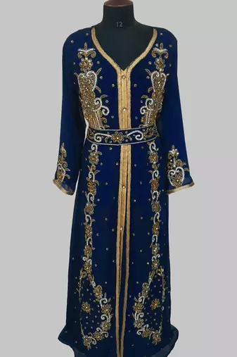 Navy Blue Goldan stone and  Beads  Moroccan Kaftan With hijab 