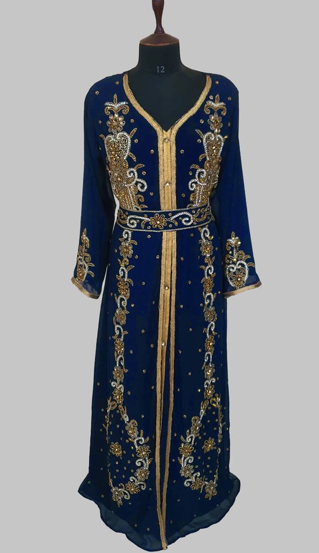 Navy Blue Goldan stone and  Beads  Moroccan Kaftan With hijab 