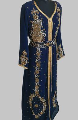 Navy Blue Goldan stone and  Beads  Moroccan Kaftan With hijab  2