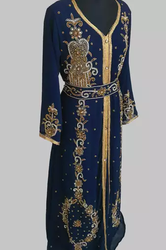 Navy Blue Goldan stone and  Beads  Moroccan Kaftan With hijab 