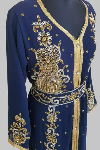 Navy Blue Goldan stone and  Beads  Moroccan Kaftan With hijab 