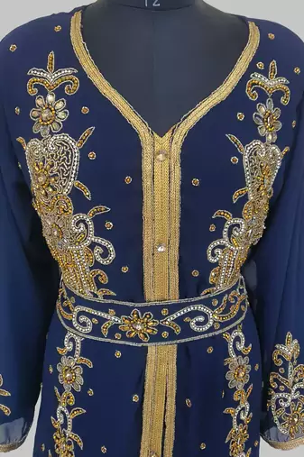 Navy Blue Goldan stone and  Beads  Moroccan Kaftan With hijab 
