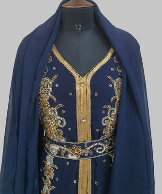 Navy Blue Goldan stone and  Beads  Moroccan Kaftan With hijab  5