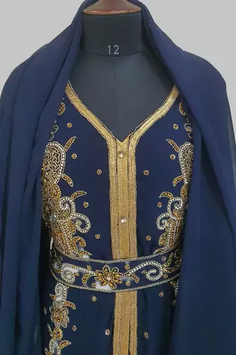 Navy Blue Goldan stone and  Beads  Moroccan Kaftan With hijab 