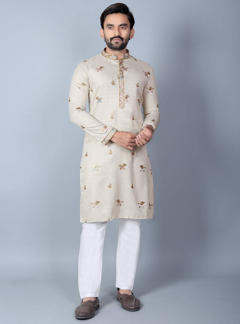 Men’s beige embroidered kurta – festive & wedding wear traditional kurta