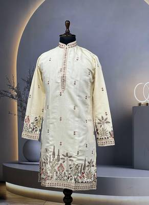 Exquisite light yellow roman shimmer kurta with multi colour embroidery work 1