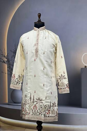 Exquisite light yellow roman shimmer kurta with multi colour embroidery work