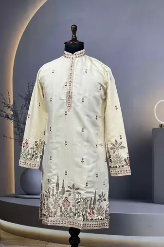 Exquisite light yellow roman shimmer kurta with multi colour embroidery work