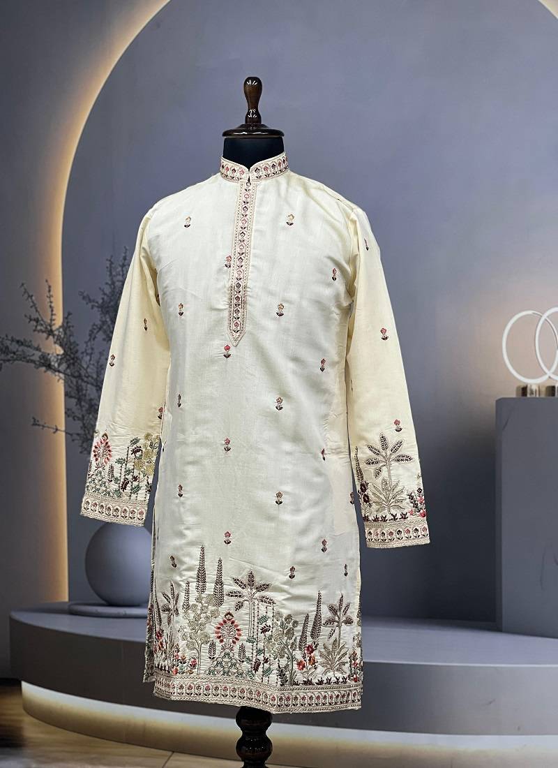 Exquisite light yellow roman shimmer kurta with multi colour embroidery work