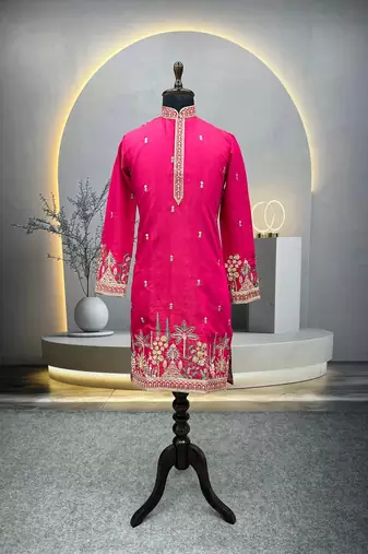 Exquisite rani pink roman shimmer kurta with multi colour embroidery work