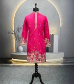 Exquisite rani pink roman shimmer kurta with multi colour embroidery work