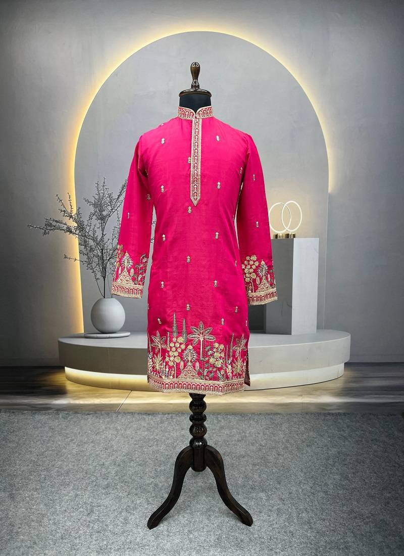 Exquisite rani pink roman shimmer kurta with multi colour embroidery work