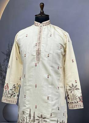 Exquisite light yellow roman shimmer kurta with multi colour embroidery work 2