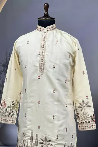 Exquisite light yellow roman shimmer kurta with multi colour embroidery work