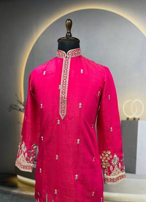 Exquisite rani pink roman shimmer kurta with multi colour embroidery work 2