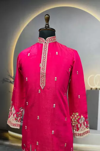 Exquisite rani pink roman shimmer kurta with multi colour embroidery work