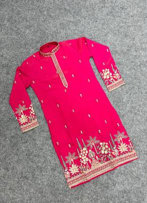 Exquisite rani pink roman shimmer kurta with multi colour embroidery work 3