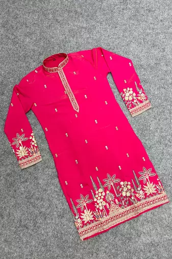 Exquisite rani pink roman shimmer kurta with multi colour embroidery work