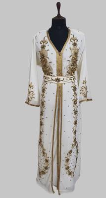 Off-White Goldan stone and  Beads  Moroccan Kaftan With hijab  1