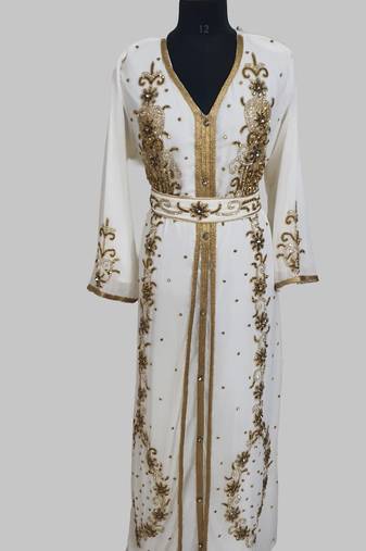 Off-White Goldan stone and  Beads  Moroccan Kaftan With hijab 